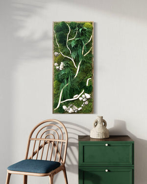 Warehouse Holiday Sale Preserved Moss Art with White Winding Branch and Natural Rock 40" x 18"