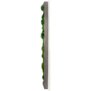 Moss wall preserved in gray frame, side view showing profile and texture.