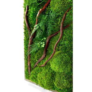 Red Branch 12” X 36” Plant Painting® with red branches, ferns, moss in rustic grey frame.