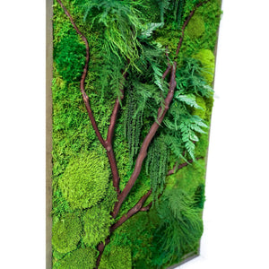 Red Branch 18” x 40” Plant Painting with natural red branches, ferns, moss, rustic grey wood frame.