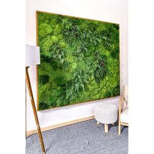 Oversized wall art with preserved moss and ferns in wood frame.
