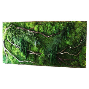 Oversized plant painting with natural red branches, moss, and ferns in wood frame, 68x33 inches.