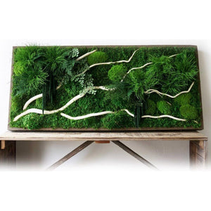 White winding branch plant painting in rustic grey frame with moss and ferns, 40x18 inches.