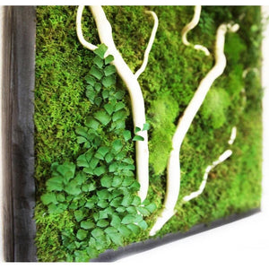 White winding branch plant painting in rustic grey frame with moss and ferns, 18x18 inches.