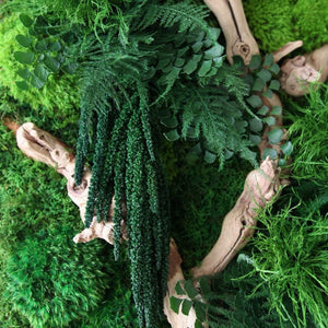 Sandwood Branch 40” x 18” Plant Painting with ferns and moss, rustic grey frame, indoor nature art.