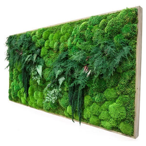 Oversized Moss & Ferns wall art in reclaimed wood frame, versatile orientation.