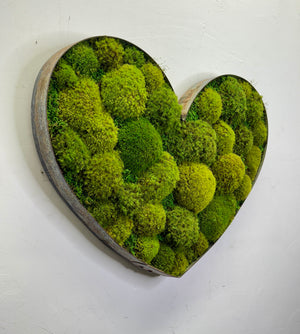 Heart-shaped rustic metal frame with lush preserved moss, 22-25 inches, Wine Barrel Plant Painting®.