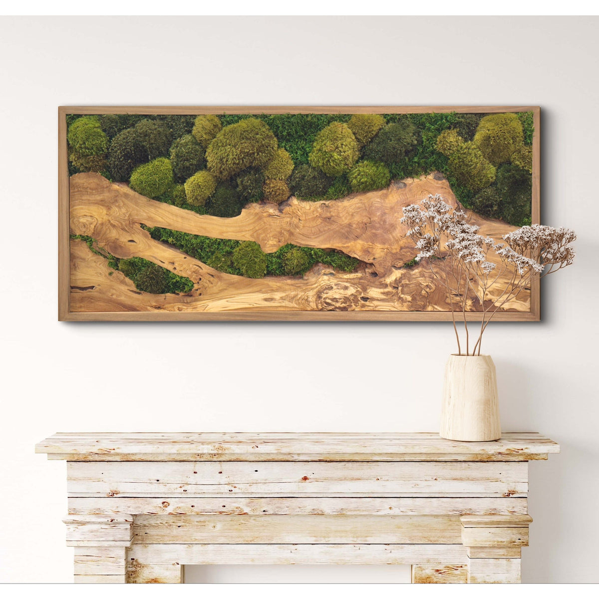 Olive Wood &amp; Olive Moss Plant Painting with high-profile mosses and ferns, 40&quot; x 18&quot;. Shadow box frame in natural cedar.