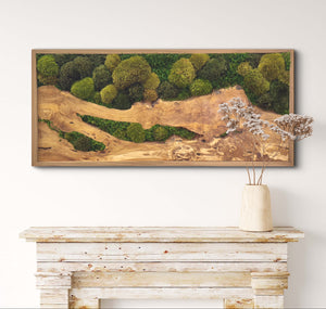 Olive Wood & Olive Moss Plant Painting with high-profile mosses and ferns, 40" x 18". Shadow box frame in natural cedar.