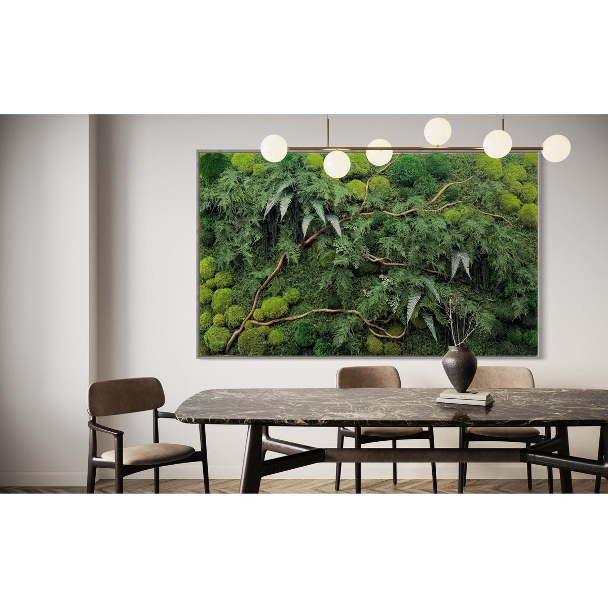Natural branch with moss and ferns wall art, 68&quot; x 33&quot;, oversized statement piece.