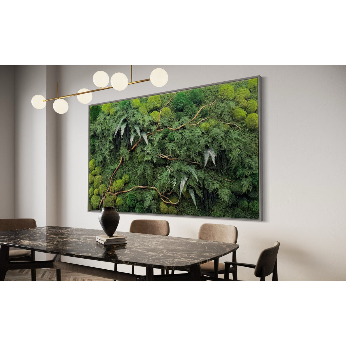 Oversized natural branch art with moss and ferns in a modern dining room setting.