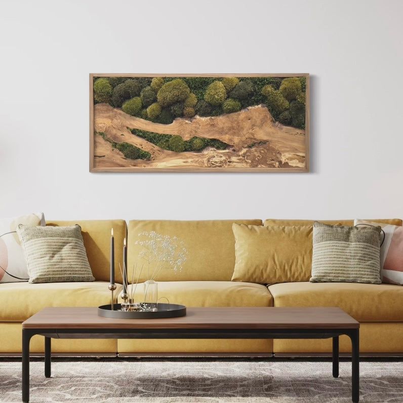 Olive Wood &amp; Olive Moss plant painting in cedar frame above a sofa in modern living room.