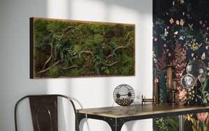 Natural Branch Moss & Ferns Plant Painting Handmade 40” x 18”