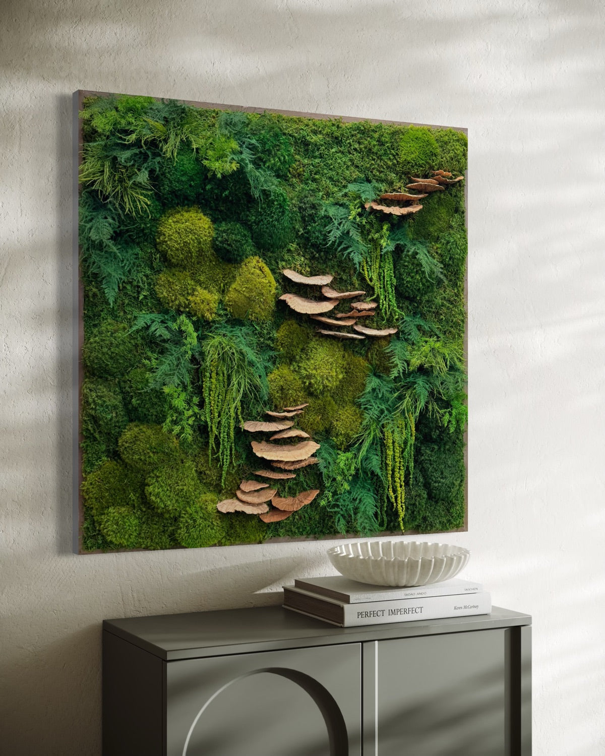 Preserved moss and fern wall art with shelf mushrooms, 36 x 36 inches