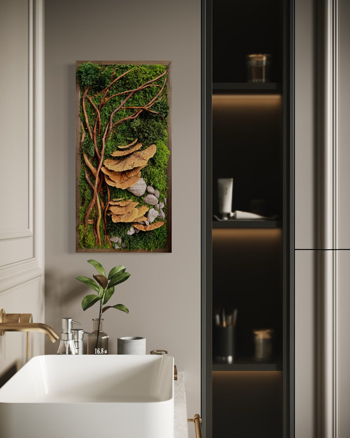 Warehouse Fall Sale Preserved Moss Art with Mushrooms, Rock & Twisted Branches 12" x 24"
