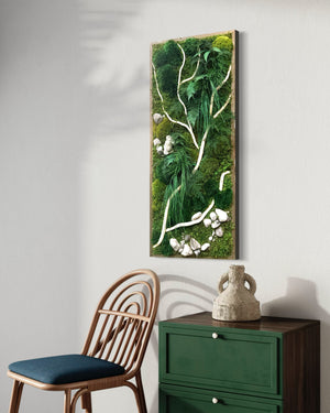 Warehouse Holiday Sale Preserved Moss Art with White Winding Branch and Natural Rock 40" x 18"