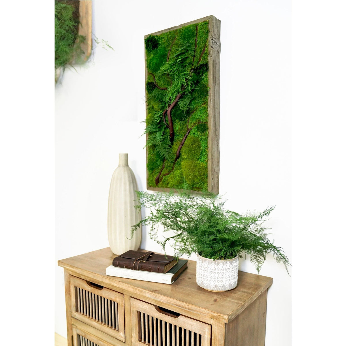 Red Branch 12” x 24” Plant Painting® with rustic grey wood frame, featuring red bark branches, ferns, and moss.