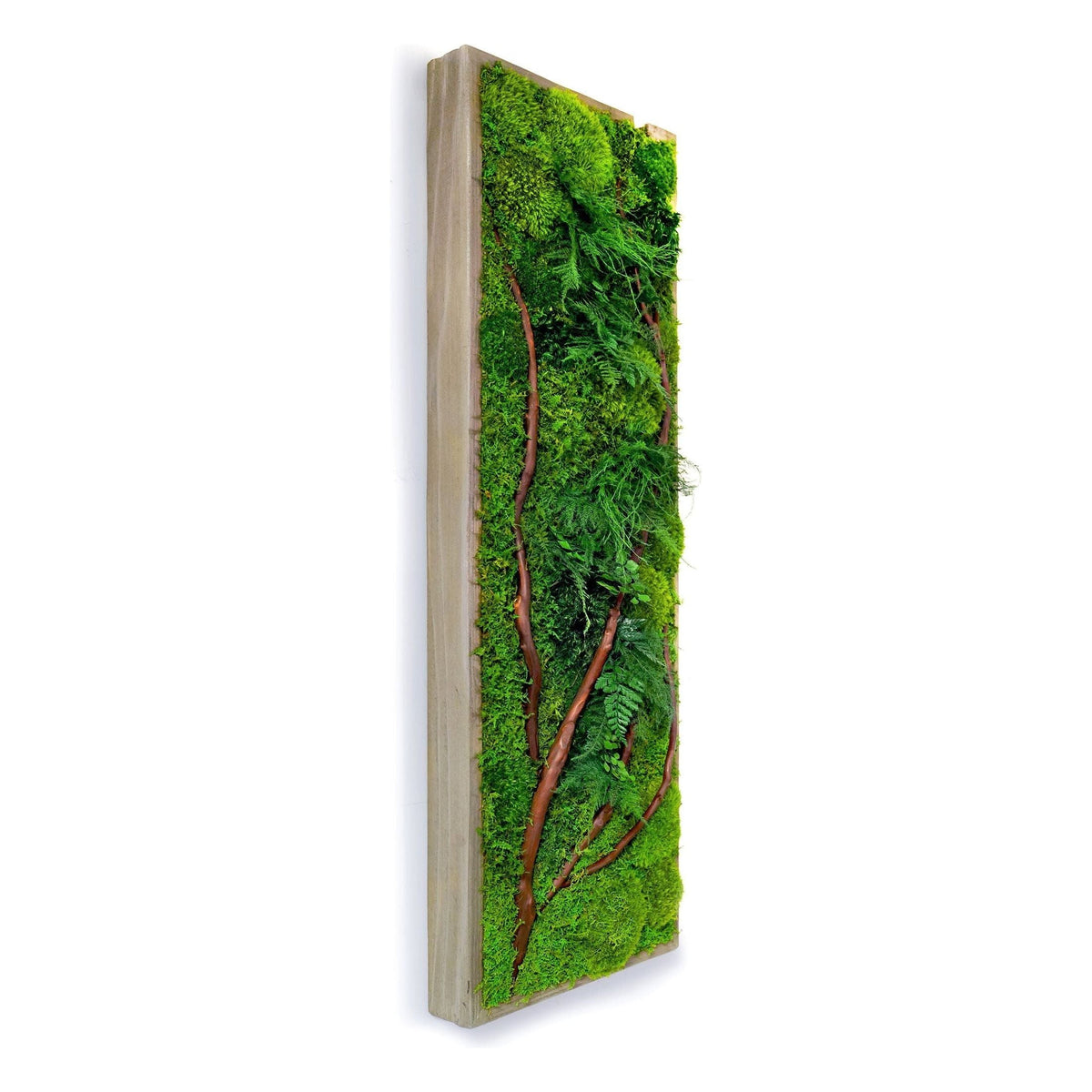 Red Branch 12” X 36” Plant Painting with red branches, ferns, moss in rustic grey wood frame.