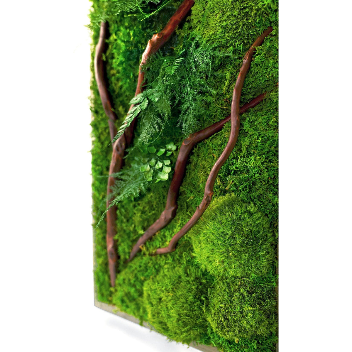 Red Branch 12” X 36” Plant Painting® with red branches, ferns, moss in rustic grey frame.