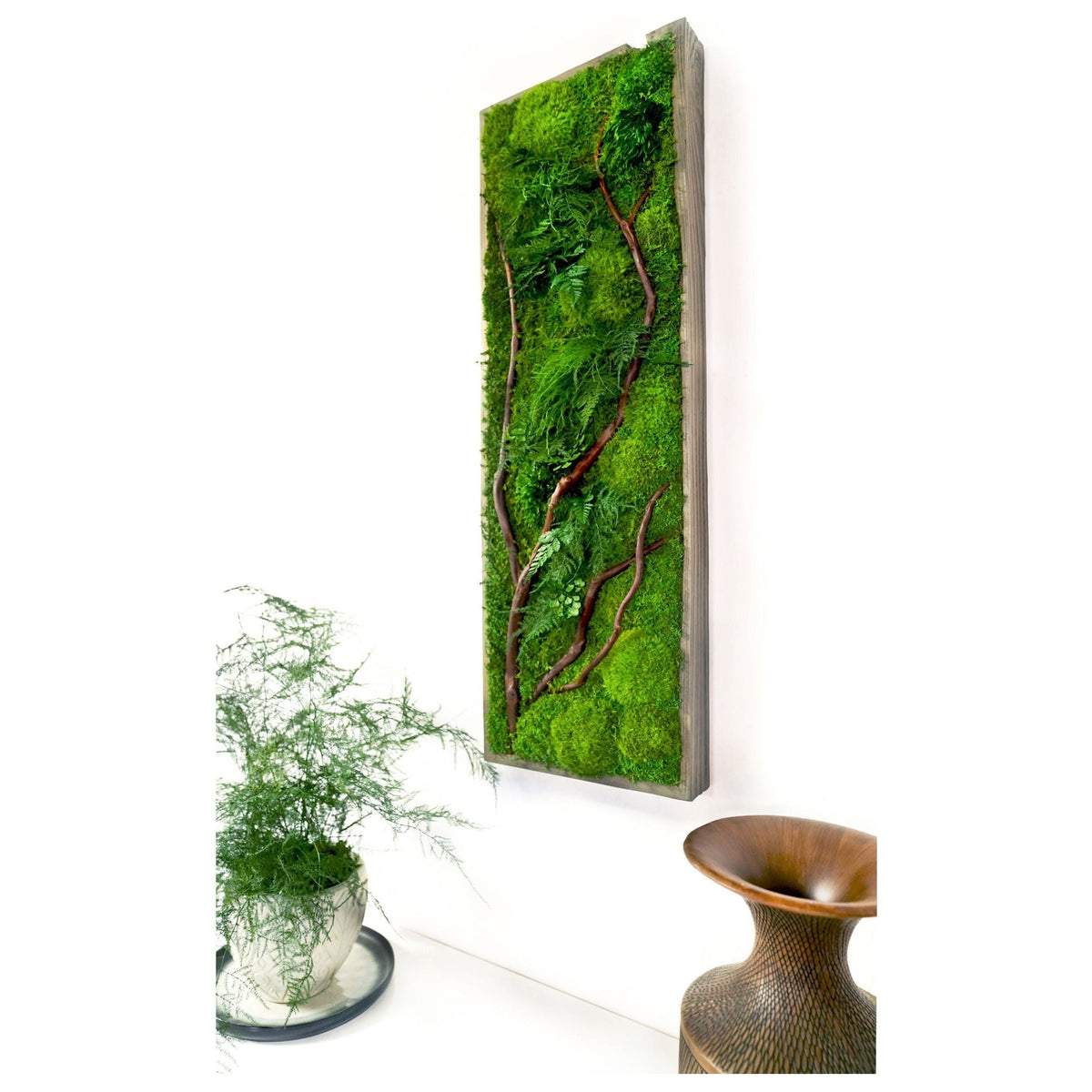 Red Branch 12” X 36” Plant Painting with green moss and natural red branches in rustic grey frame.