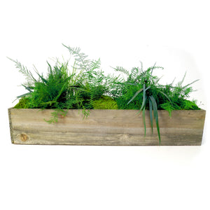 Large Wooden Planter Box with Preserved Moss and Ferns - No Watering