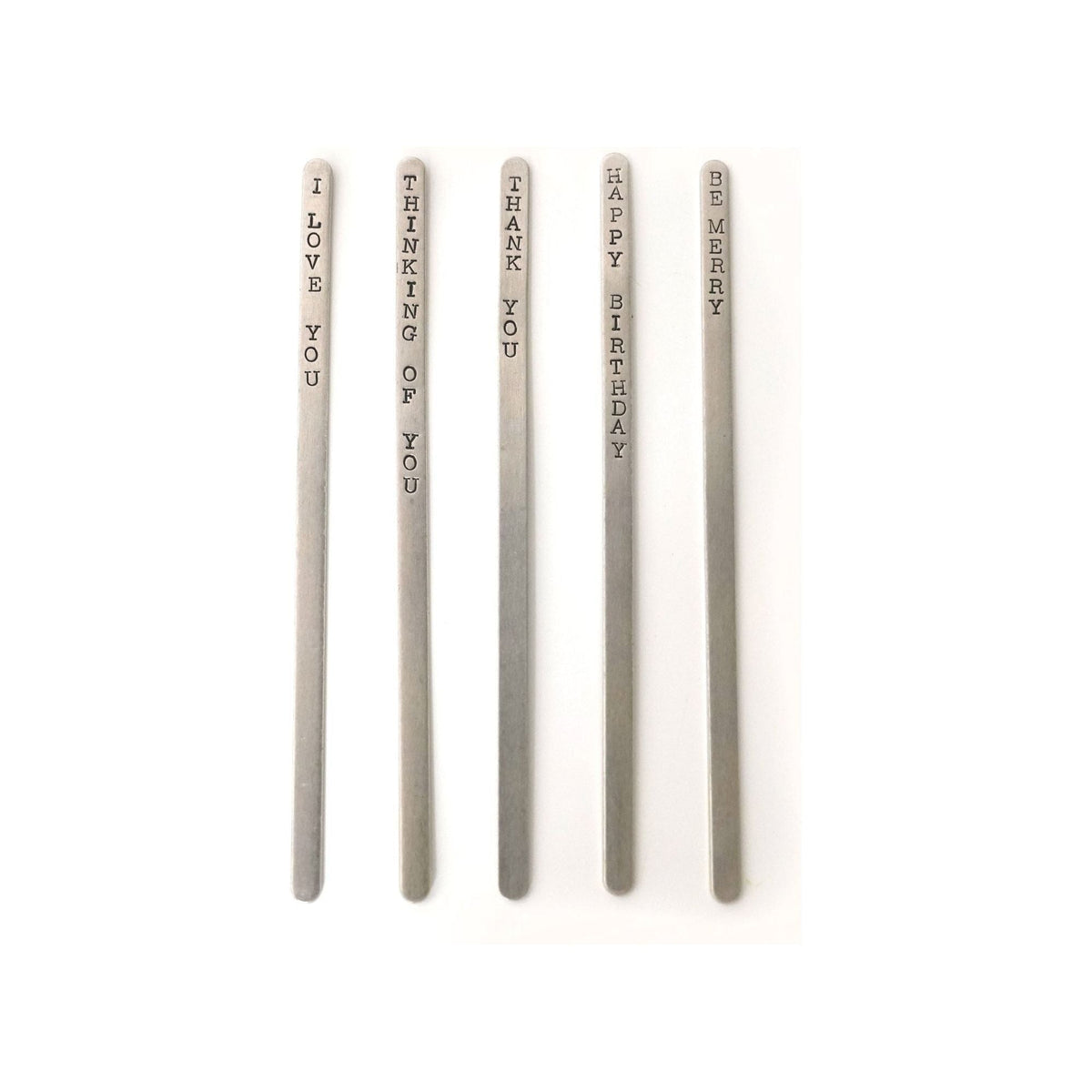 Hand-hammered silver-toned metal gift message sign posts for Pine Fern Kokedama.