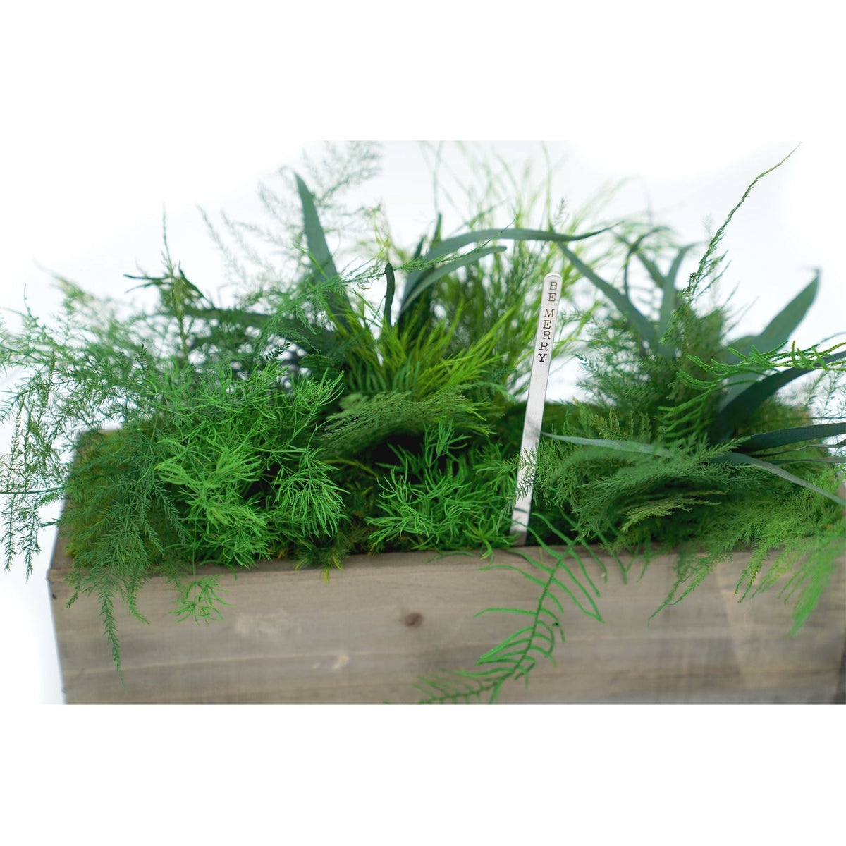 Set of 2 wooden planter boxes with preserved moss and ferns, rustic aesthetic, no watering required.