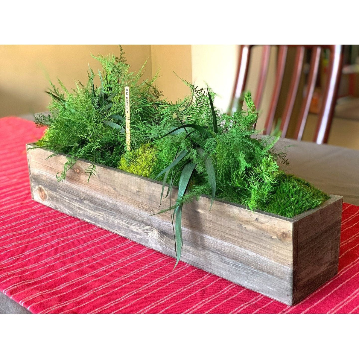 Large wooden planter box with preserved moss and ferns, no watering required.