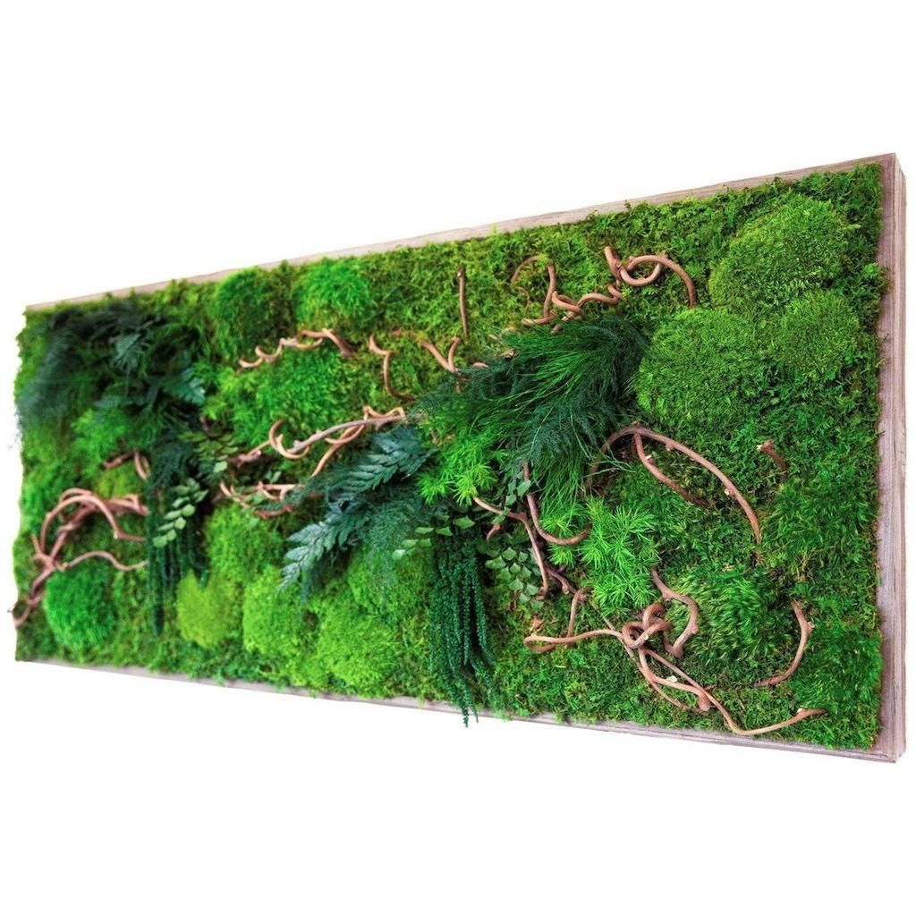 Curly vine branch plant painting with lush greenery in rustic grey wood frame.