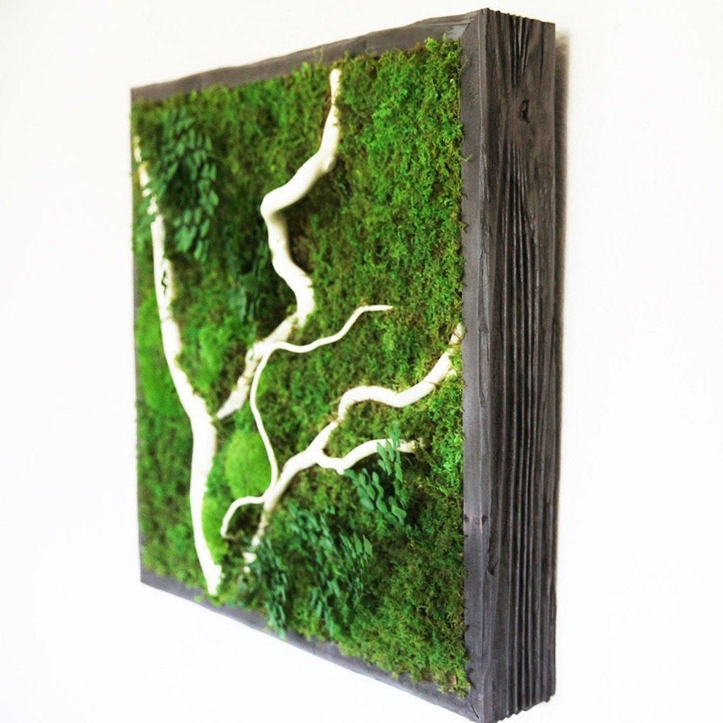 24x24 white winding branch plant painting with moss in rustic grey frame.