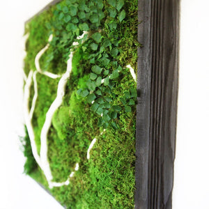 moss wall art with white wood branches